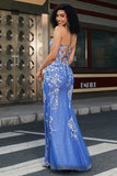 Trendy Sirena Scollo a V Azzurro Abito Lungo Prom con Appliques Fessura