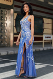 Trendy Sirena Scollo a V Azzurro Abito Lungo Prom con Appliques Fessura