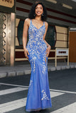 Trendy Sirena Scollo a V Azzurro Abito Lungo Prom con Appliques Fessura