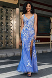 Trendy Sirena Scollo a V Azzurro Abito Lungo Prom con Appliques Fessura