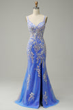 Sirena Scollatura a V Azzurro Vestiti 18 Anni con Perline Appliques