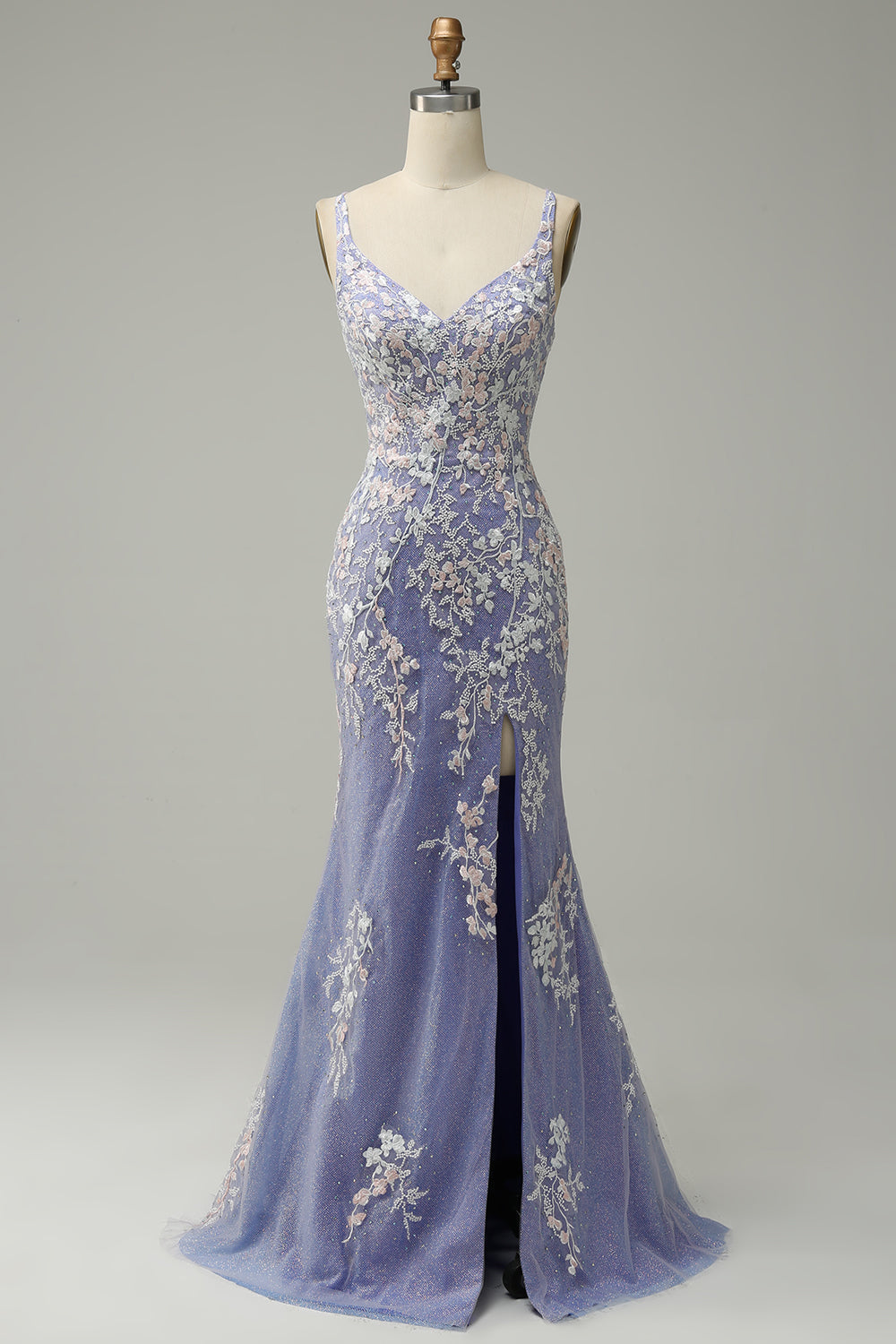 Trendy Sirena Scollo a V Azzurro Abito Lungo Prom con Appliques Fessura