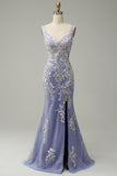 Trendy Sirena Scollo a V Azzurro Abito Lungo Prom con Appliques Fessura