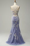 Trendy Sirena Scollo a V Azzurro Abito Lungo Prom con Appliques Fessura