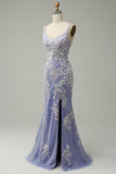 Trendy Sirena Scollo a V Azzurro Abito Lungo Prom con Appliques Fessura
