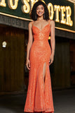 Sparkly Mermaid Spaghetti Straps Orange Sequins Prom Dress con Split Front