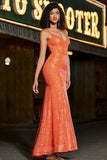 Sparkly Mermaid Spaghetti Straps Orange Sequins Prom Dress con Split Front