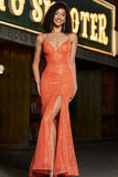 Sparkly Mermaid Spaghetti Straps Orange Sequins Prom Dress con Split Front
