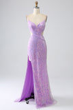Scintillante Sirena Spalline sottili Paillettes vestito da ballo con fessura