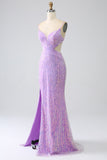 Scintillante Sirena Spalline sottili Paillettes vestito da ballo con fessura