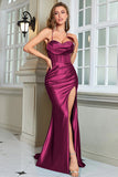 Abito da ballo lungo fucsia a sirena con spalline lunghe con spacco