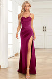 Verde scuro Sirena Spalline sottili Satin Abito da ballo con Split Front