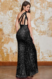 Glitter nero sirena una spalla paillettes abito da ballo con fessura