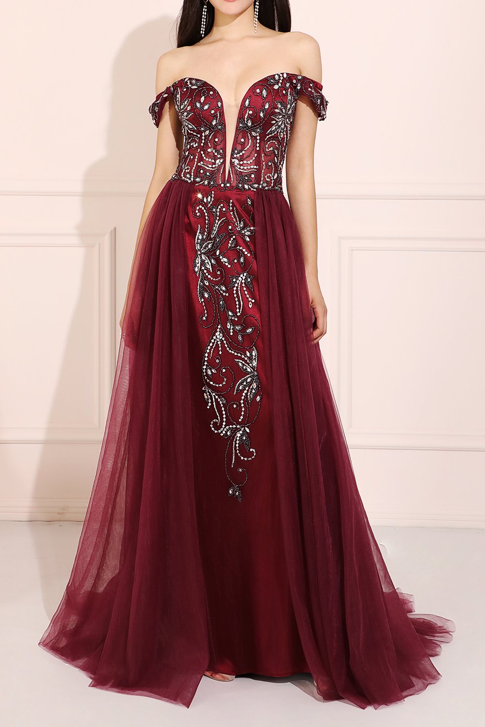 Abito lungo da ballo bordato bordeaux