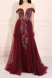 Abito lungo da ballo bordato bordeaux