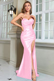 Abito da ballo lungo fucsia a sirena con spalline lunghe con spacco
