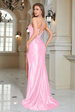 Abito da ballo lungo fucsia a sirena con spalline lunghe con spacco
