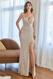 Champagne Mermaid Paillettes Prom Abito con Spacco