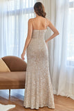 Champagne Mermaid Paillettes Prom Abito con Spacco