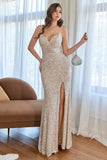 Champagne Mermaid Paillettes Prom Abito con Spacco