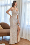 Champagne Mermaid Paillettes Prom Abito con Spacco