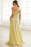 Abito da ballo giallo chiaro con paillettes con spacco