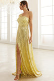 Abito da ballo giallo chiaro con paillettes con spacco
