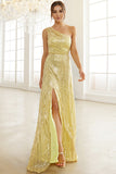 Abito da ballo giallo chiaro con paillettes con spacco