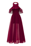 Abito vintage bordeaux con scollo all'americana in tulle con pizzo