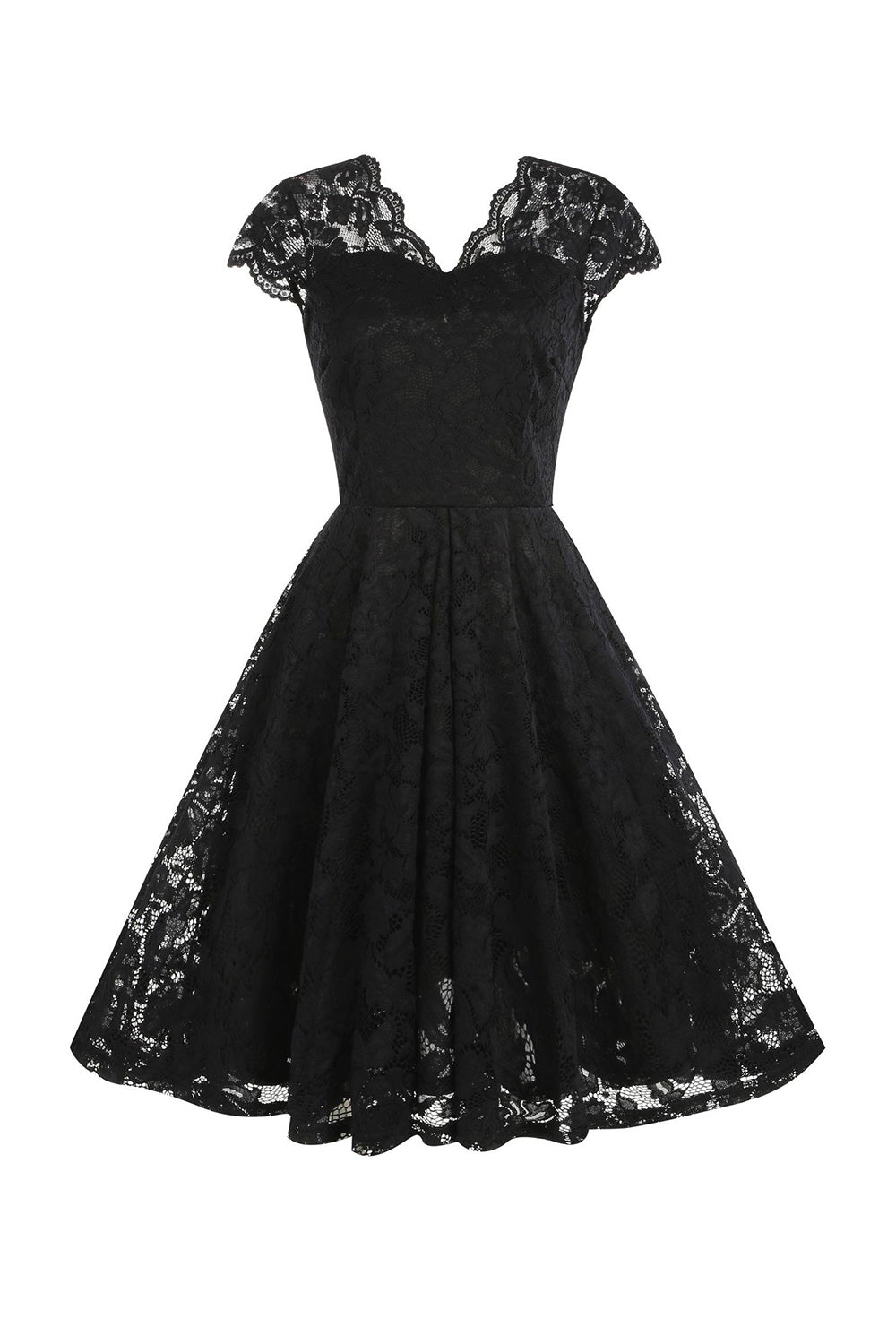 Abito anni '50 stile Hepburn in pizzo nero con scollo a V