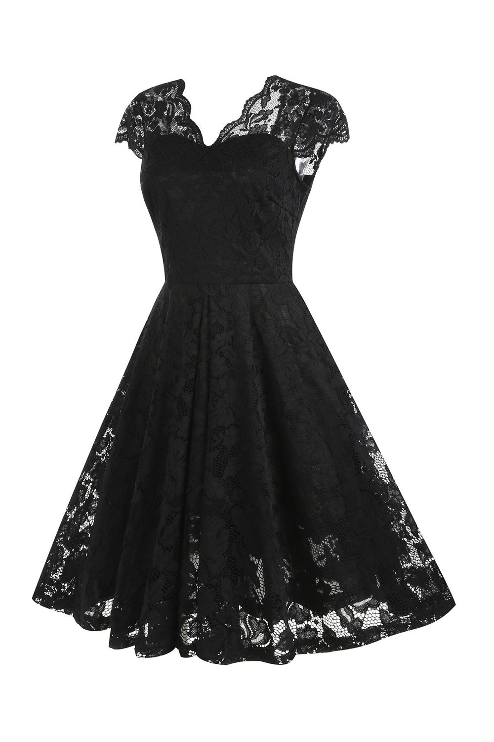 Abito anni '50 stile Hepburn in pizzo nero con scollo a V