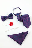 Viola Jacquard Uomo 5 pezzi Accessori Set Cravatta e Papillon Tasca Quadrato Fiore Rever Pin Tie Clip