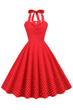 Retro Stile Halter Rosso Pois Abito 1950