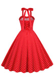 Retro Stile Halter Rosso Pois Abito 1950