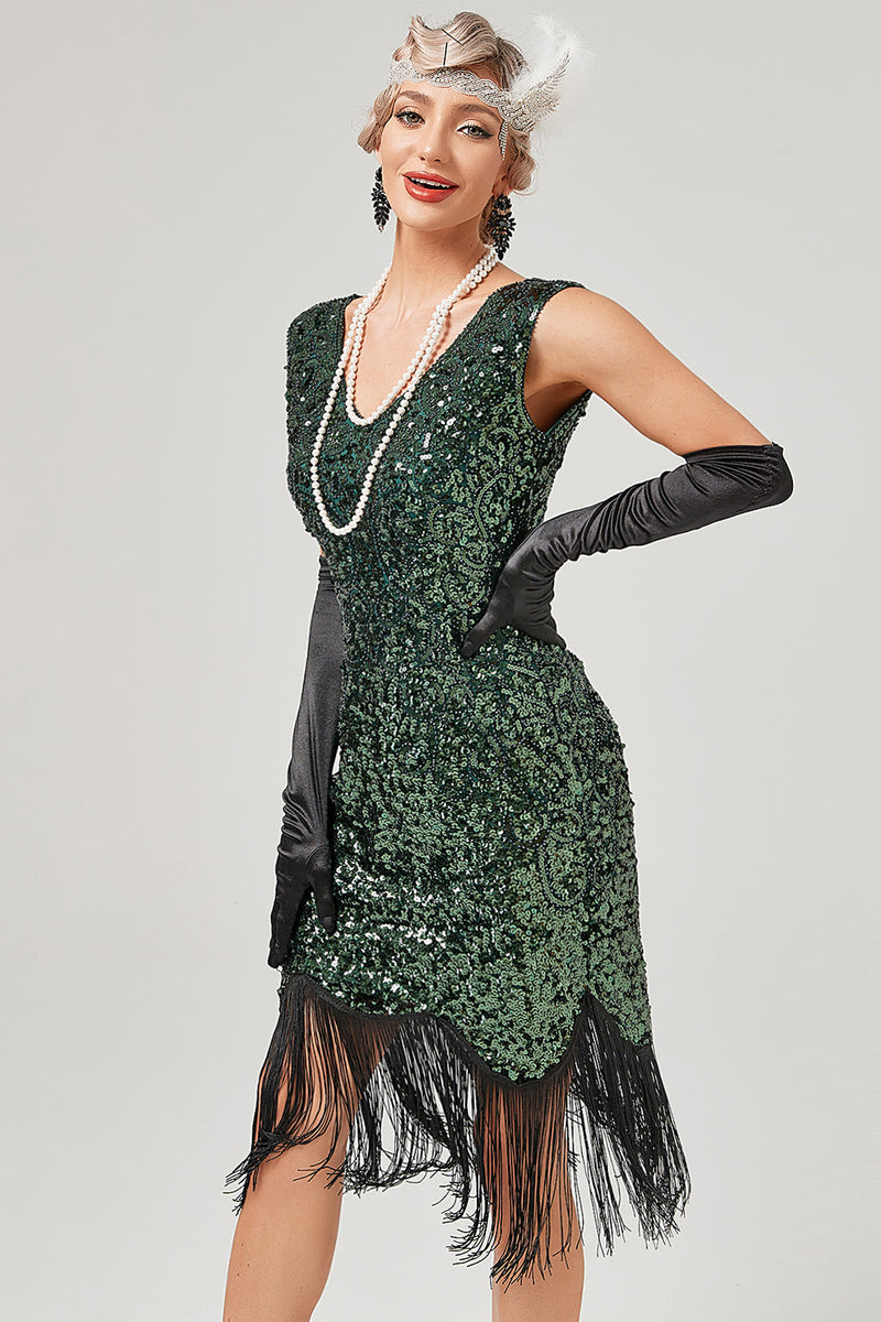 ZAPAKA Donna Abito Great Gatsby degli anni '20 Abito con frange glitter  verde scuro – zapakait