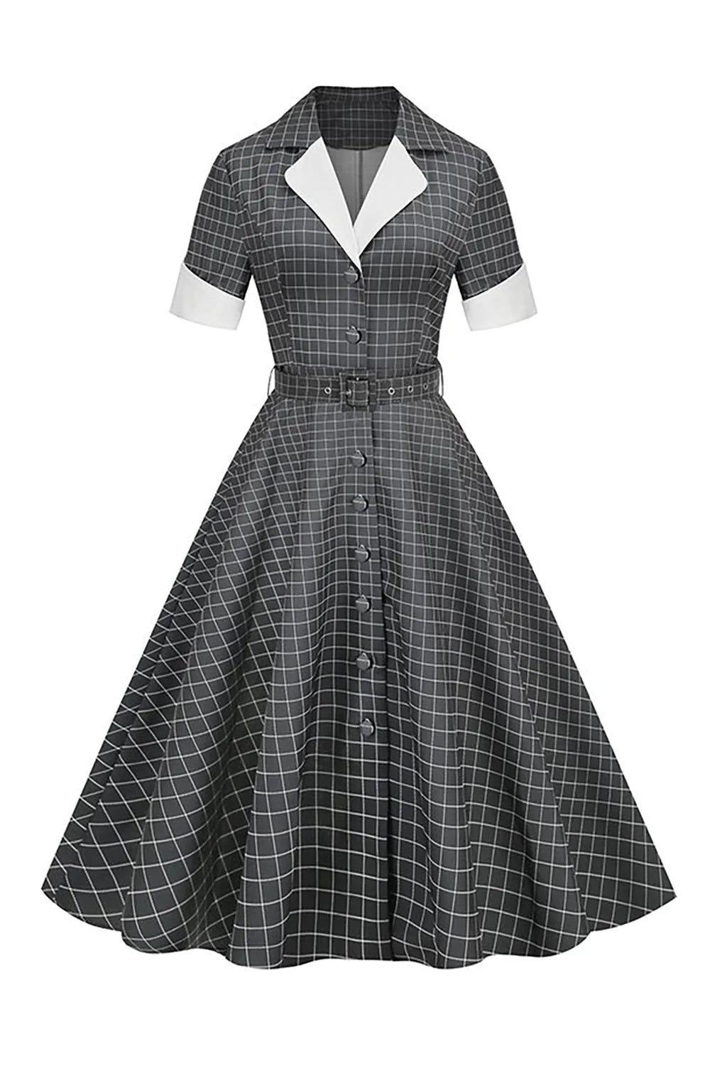 Abito vintage con rever a quadri grigio