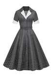 Abito vintage con rever a quadri grigio