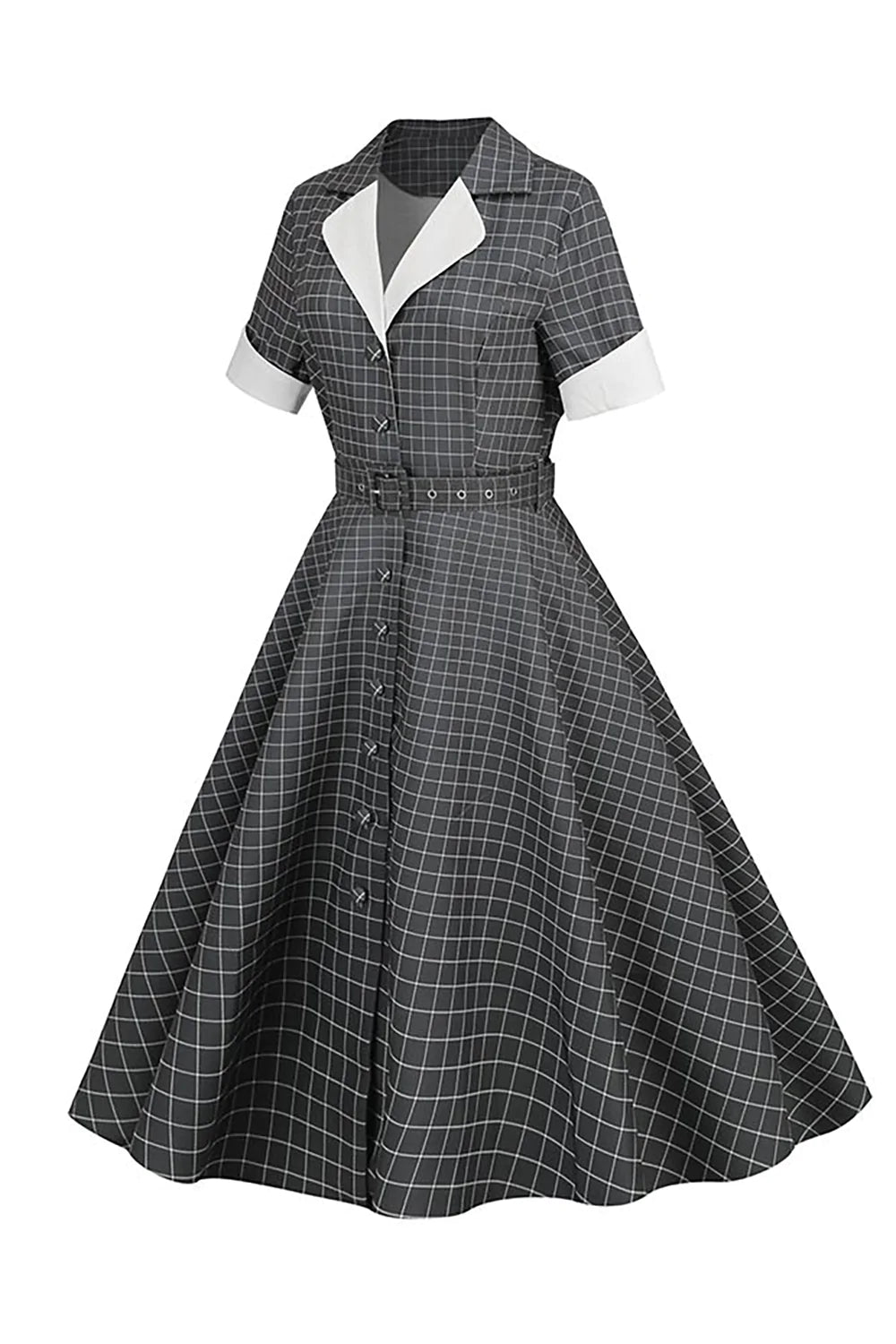 Abito vintage con rever a quadri grigio