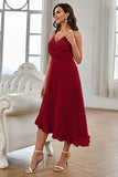 Rosso scuro A-line Chiffon V-scollo Spaghetti Strap Party Dress