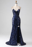 Luccicante paillettes sirena Spalline sottili vestito da ballo con fessura
