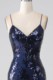Luccicante paillettes sirena Spalline sottili vestito da ballo con fessura