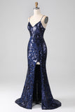 Luccicante paillettes sirena Spalline sottili vestito da ballo con fessura