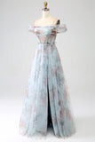 A-Line blu stampato spalla fredda lungo corsetto prom dress con fessura