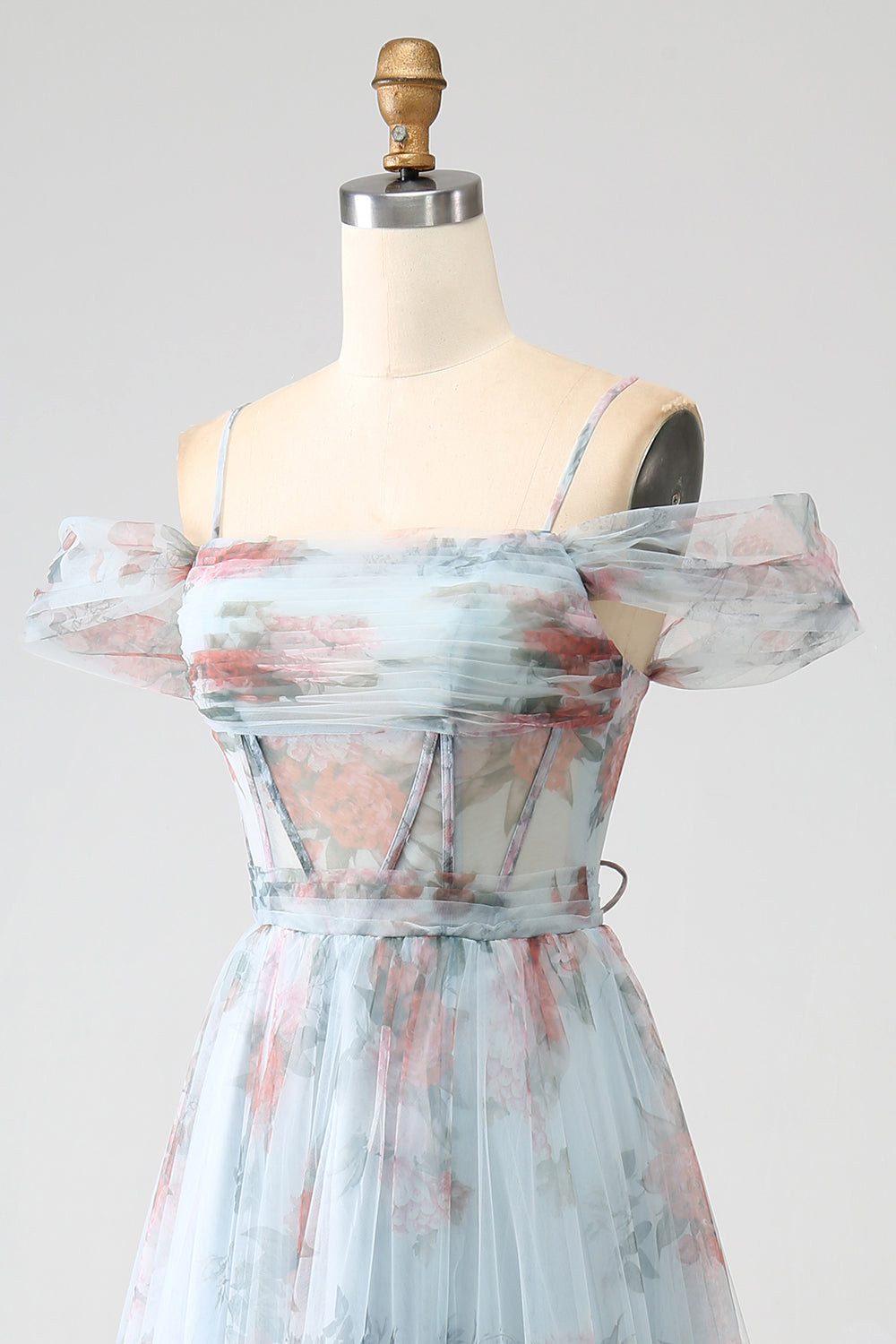 A-Line blu stampato spalla fredda lungo corsetto prom dress con fessura
