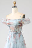A-Line blu stampato spalla fredda lungo corsetto prom dress con fessura