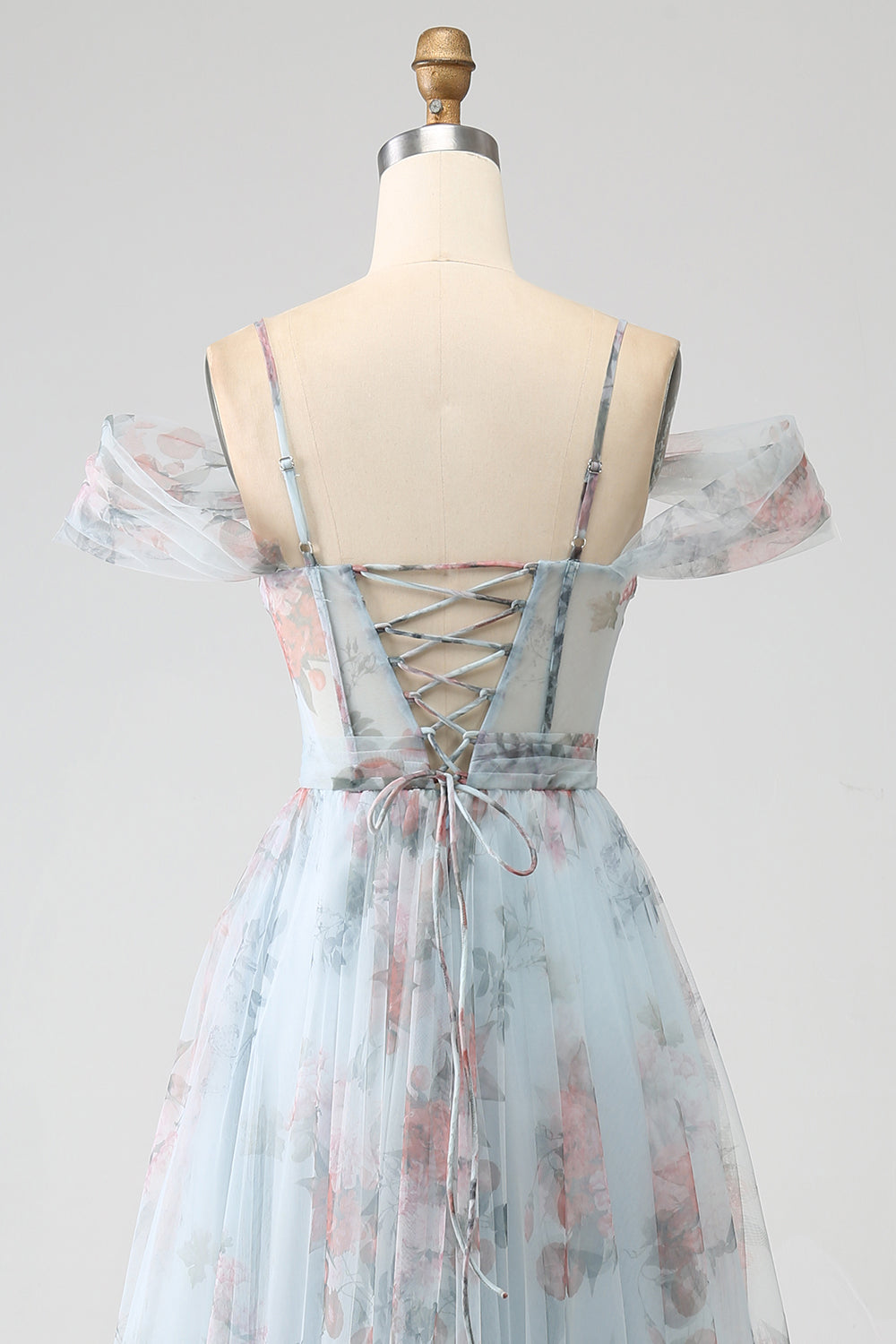 A-Line blu stampato spalla fredda lungo corsetto prom dress con fessura