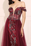 Abito lungo da ballo bordato bordeaux