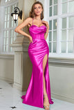 Abito da ballo lungo fucsia a sirena con spalline lunghe con spacco
