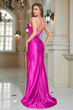 Abito da ballo lungo fucsia a sirena con spalline lunghe con spacco