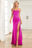 Fucsia Sirena Spalline sottili Satin Abito da ballo con Fessura Frontale